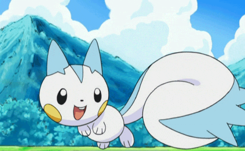 a small white squirrel with a blue stripe down it's back (the pokemon pachirisu) is running in a circle happily