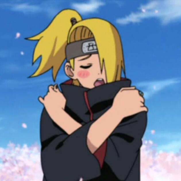 a screenshot of Deidara from Naruto hugging himself