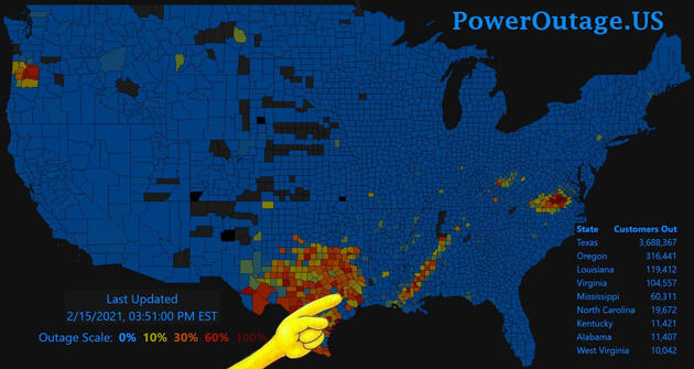 image from "PowerOutage.US" showing outages across the US on 2/15/2021 with large outages across Texas. a spongebob hand coming in from offscreen is pointing at east Texas.
