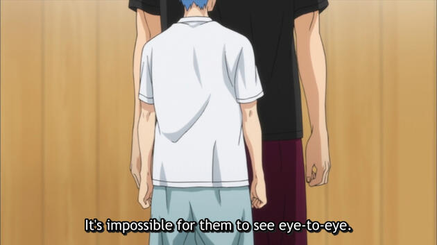 a screencap of Kuroko's Basketball of a short character standing in front of a much taller character. the subtitles read: "It's impossible for them to see eye-to-eye."