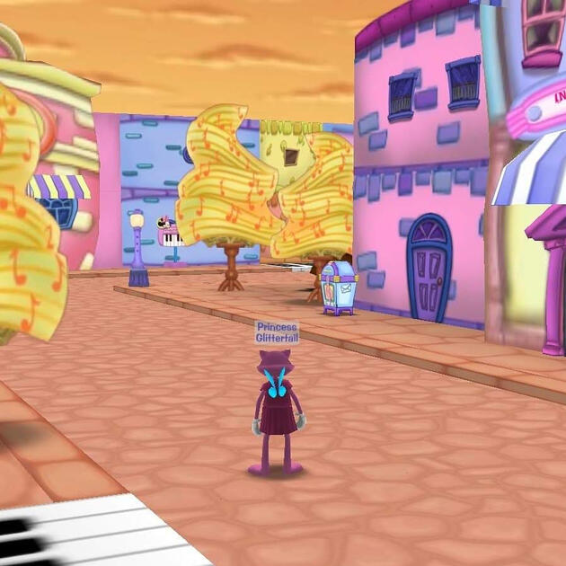 a screenshot of ToonTown of a player character named Princess Glittertail who is a small pink cat with blue butterfly wings.