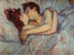 a painting by Toulouse Lautrec titled: "In bed: the kiss." two people are embracing, covered by sheets from the chest down, and kissing.