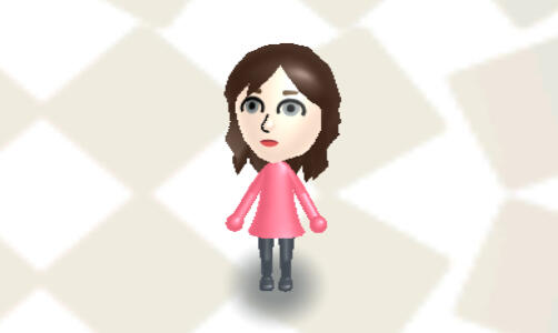 one small nintendo wii mii character with a pink dress and long brown hair